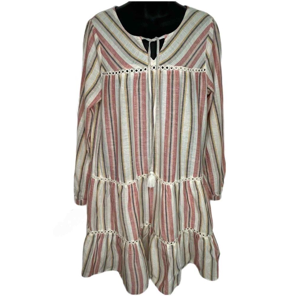 Caslon Womens Striped Tiered Mini Dress Cotton Linen Blend Boho Tassel Size Med